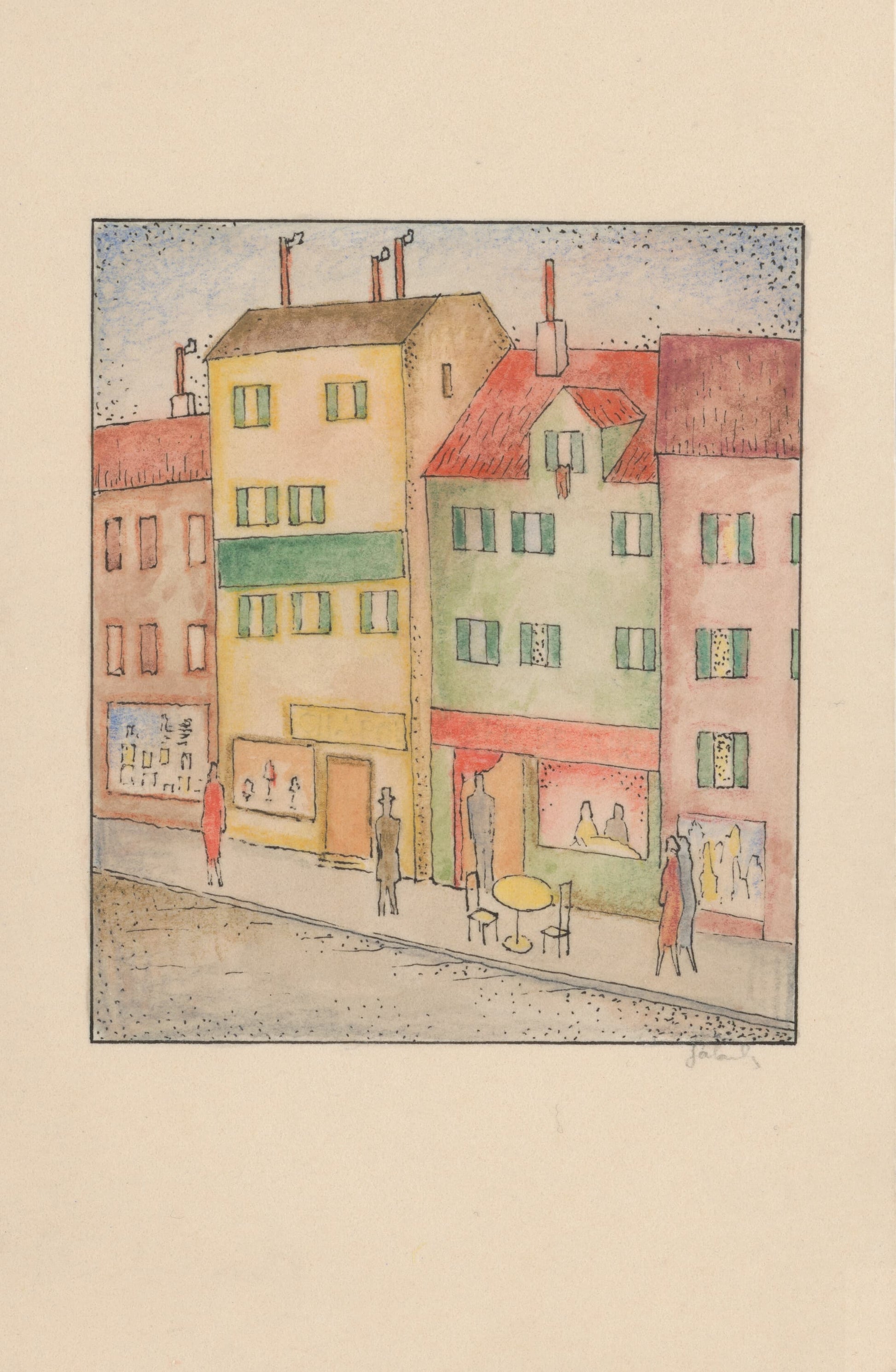 Colorful illustration of a street scene with buildings and people on a beige background