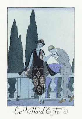 Artistic illustration of a couple on a balcony with trees in the background, featuring the text 'La Villa d'Este'.