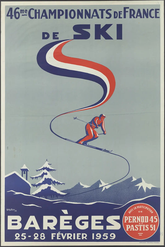 High-quality reproduction of a French ski travel poster, a vintage 1959 print. Features a stylized skier on a slope with a tricolor ribbon, advertising the '46me Championnats de France de Ski' in Barèges, emblematic of iconic 'vintage ski travel posters' and mid-century modernist design.