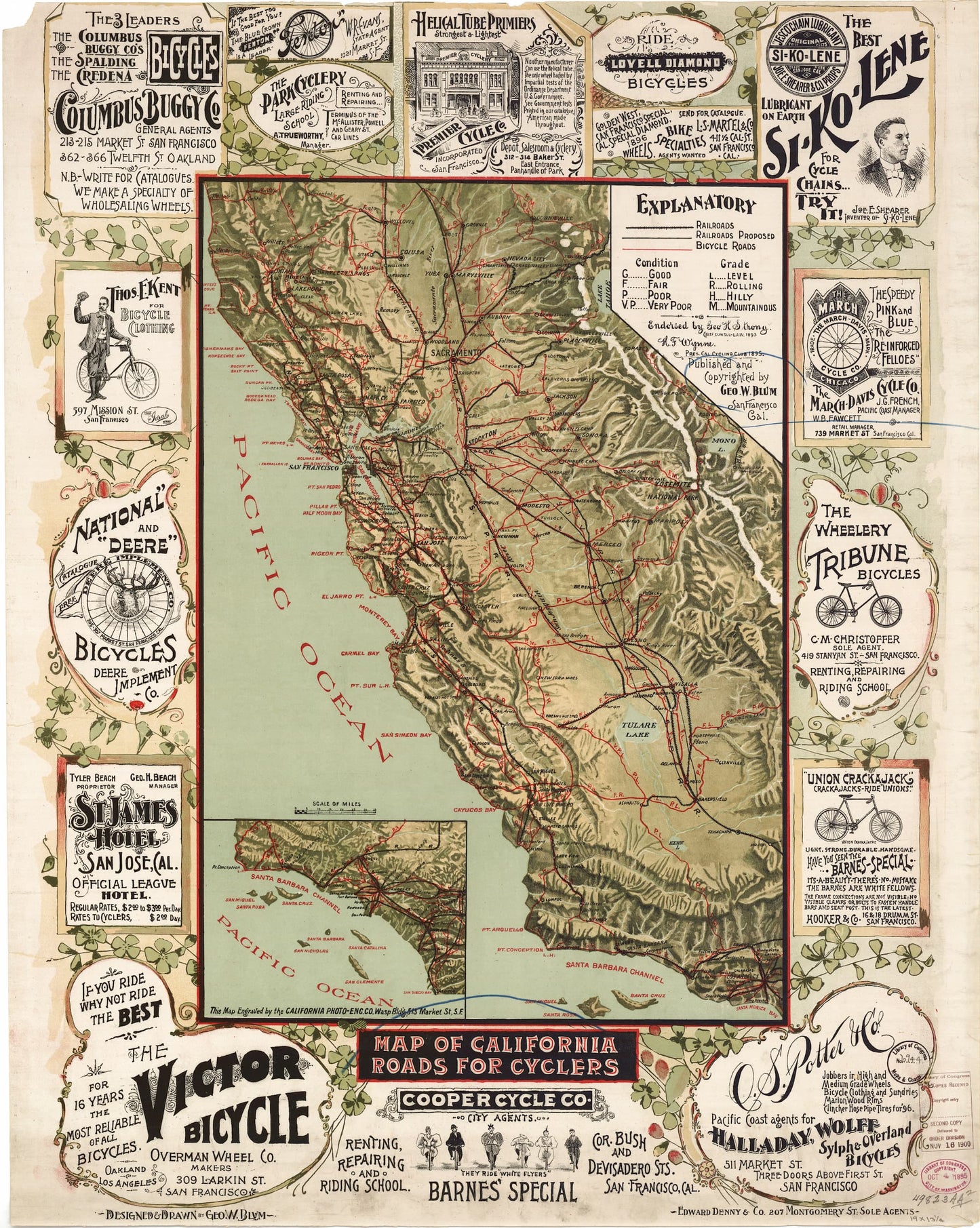 Map of California roads for cyclists with vintage advertising around it