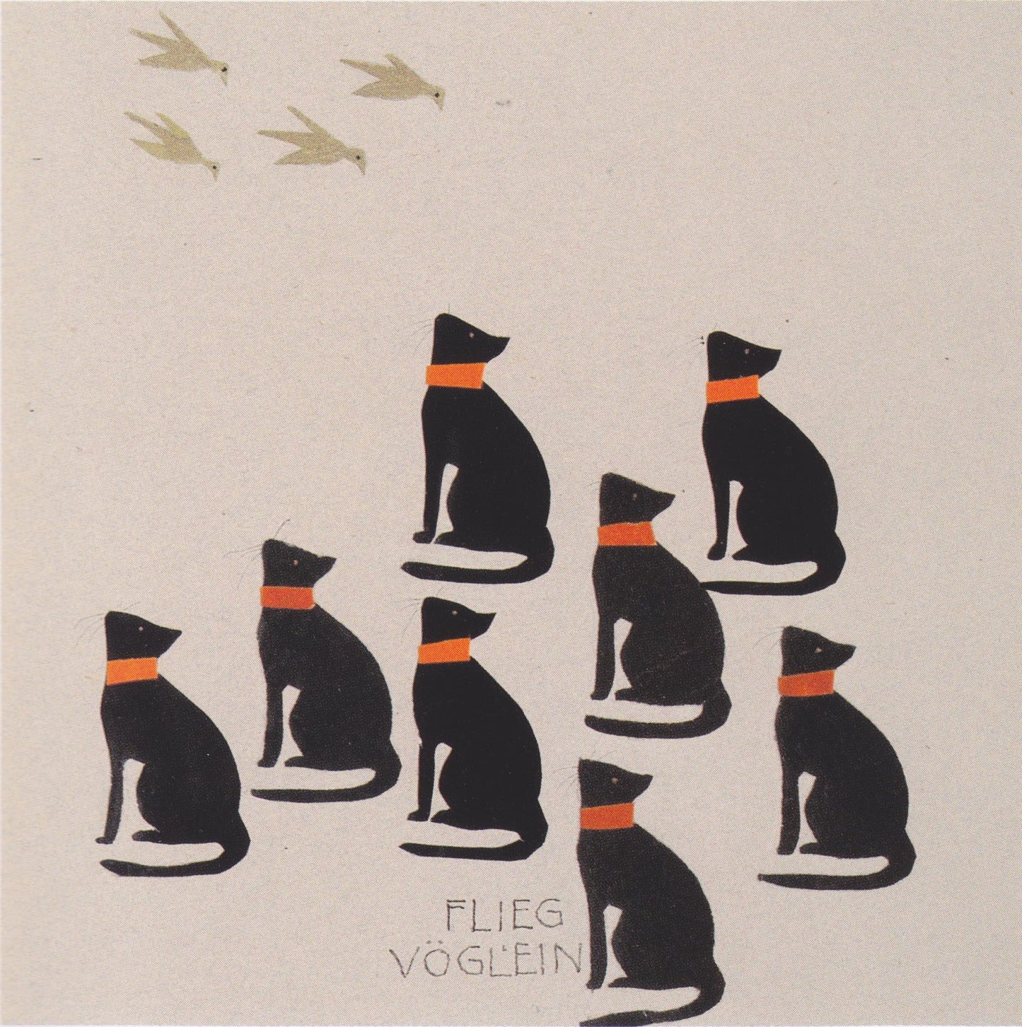 Illustration of black cats with orange collars on a beige background, featuring the text 'FLIEG VÖGLEIN'.