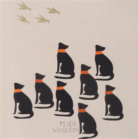 Illustration of black cats with orange collars on a beige background, featuring the text 'FLIEG VÖGLEIN'.