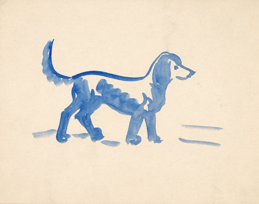 Blue dog illustration on a beige background