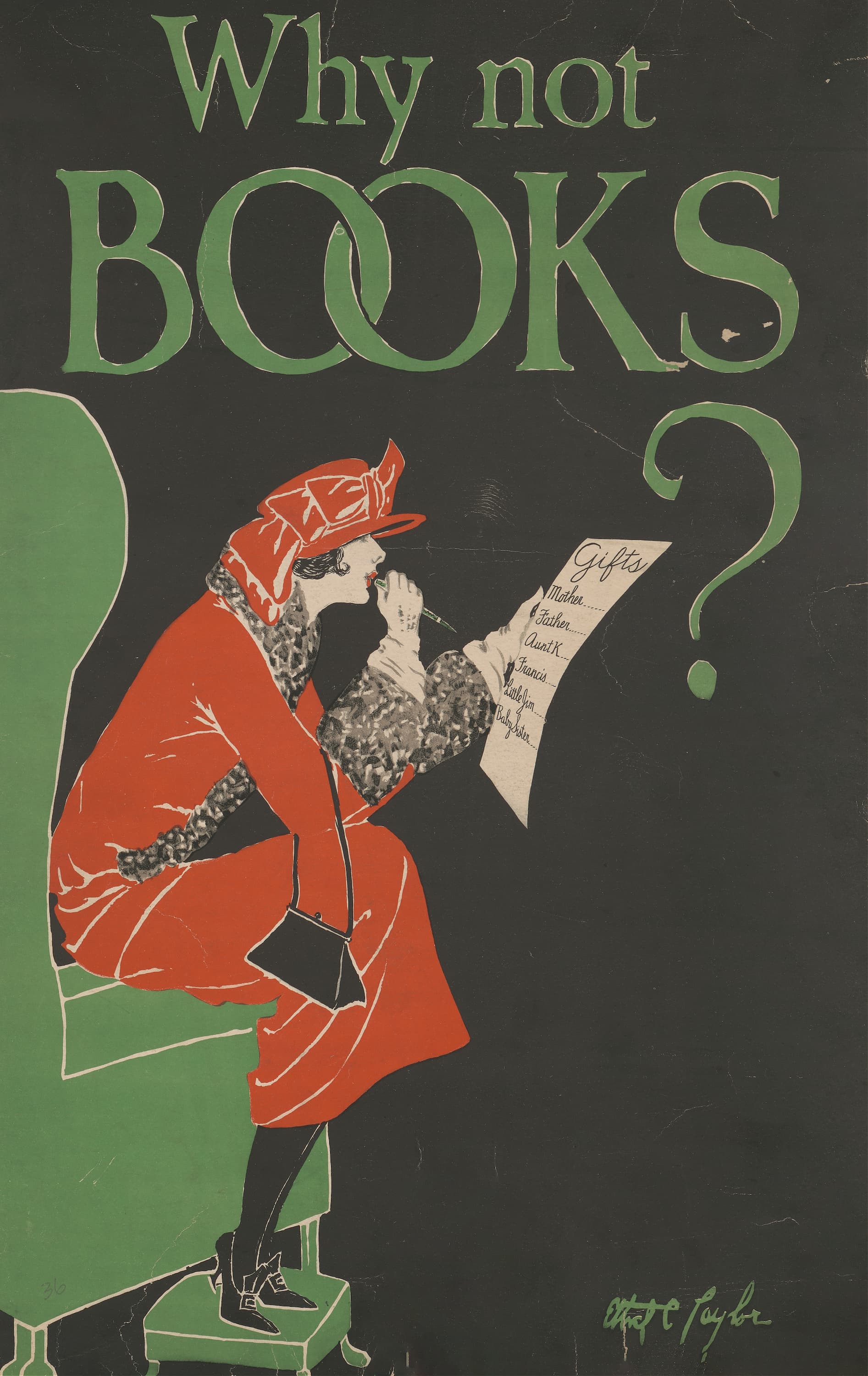 Vintage-style poster with a person in a red coat reading a newspaper, asking 'Why not books?'