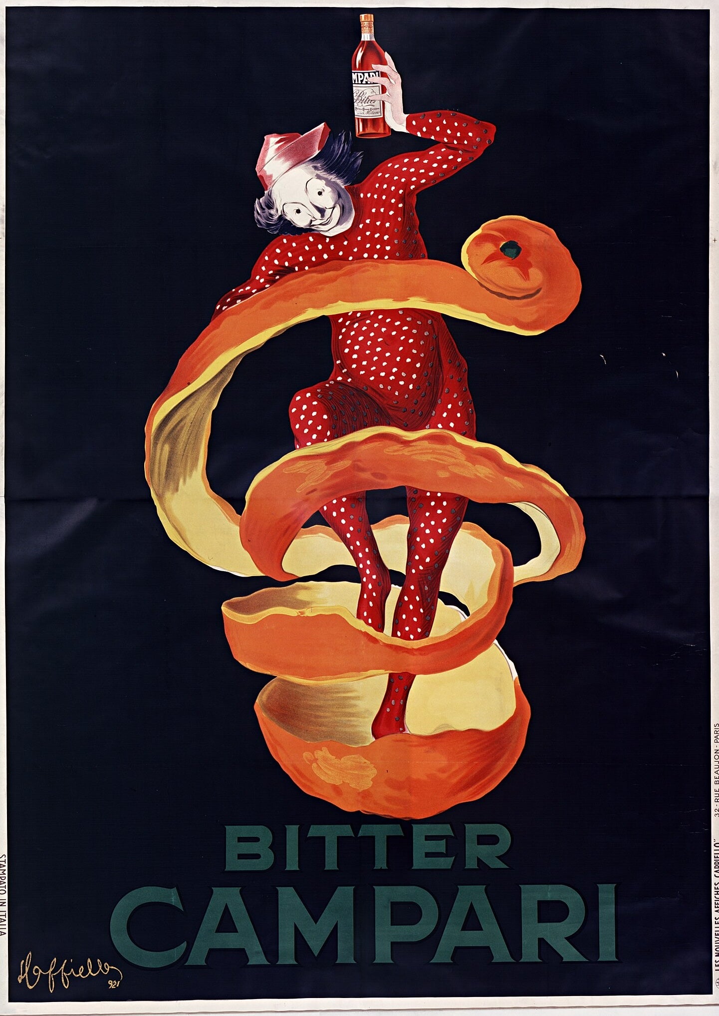 Vintage Bitter Campari advertisement with a person in a red outfit sitting on a large orange, surrounded by smaller oranges.