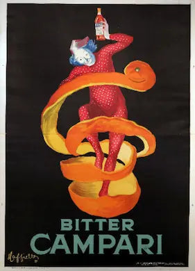 Vintage Bitter Campari advertisement with a stylized red snake and bottle on a black background