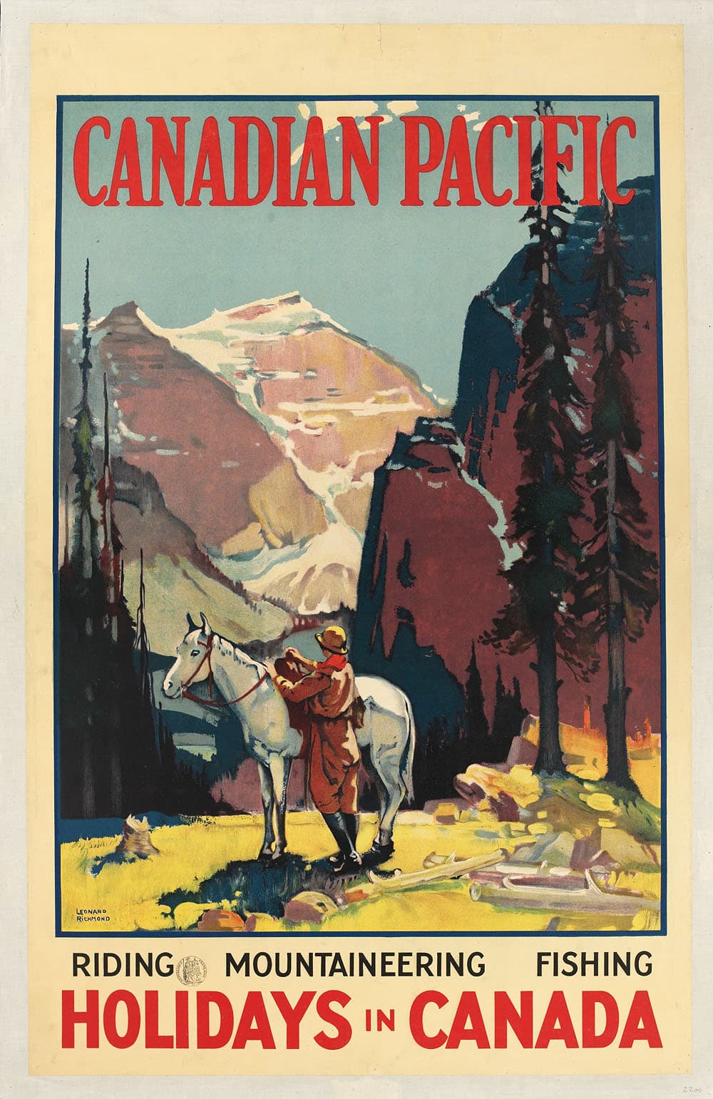 Vintage-style advertisement for Canadian Pacific featuring a person with a horse in a mountainous landscape.