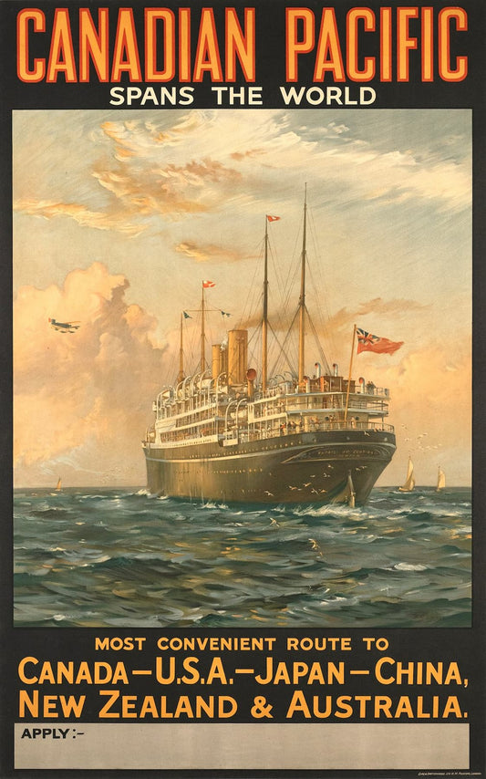 Vintage advertisement poster for Canadian Pacific featuring a ship on the ocean with text about routes to various destinations.