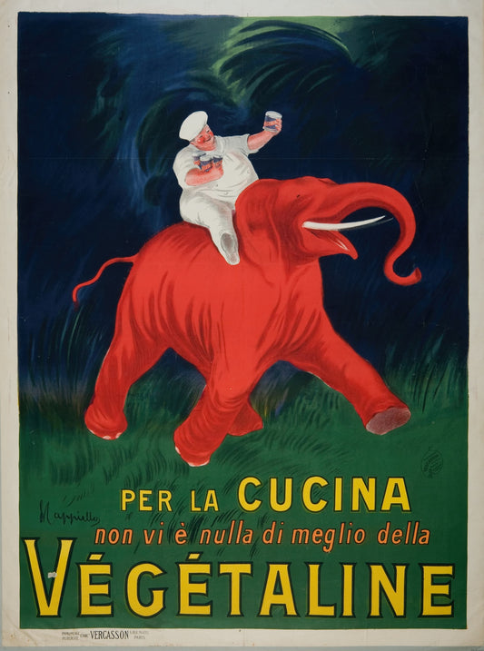 Vintage advertisement poster for Végétaline with a chef riding a red elephant.