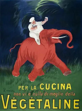 Vintage-style advertisement with a cartoon character riding an elephant, promoting Végétaline.