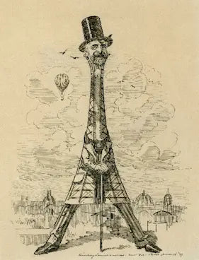 Cartoon of the Eiffel Tower with a man's face wearing a top hat, set against a cityscape.