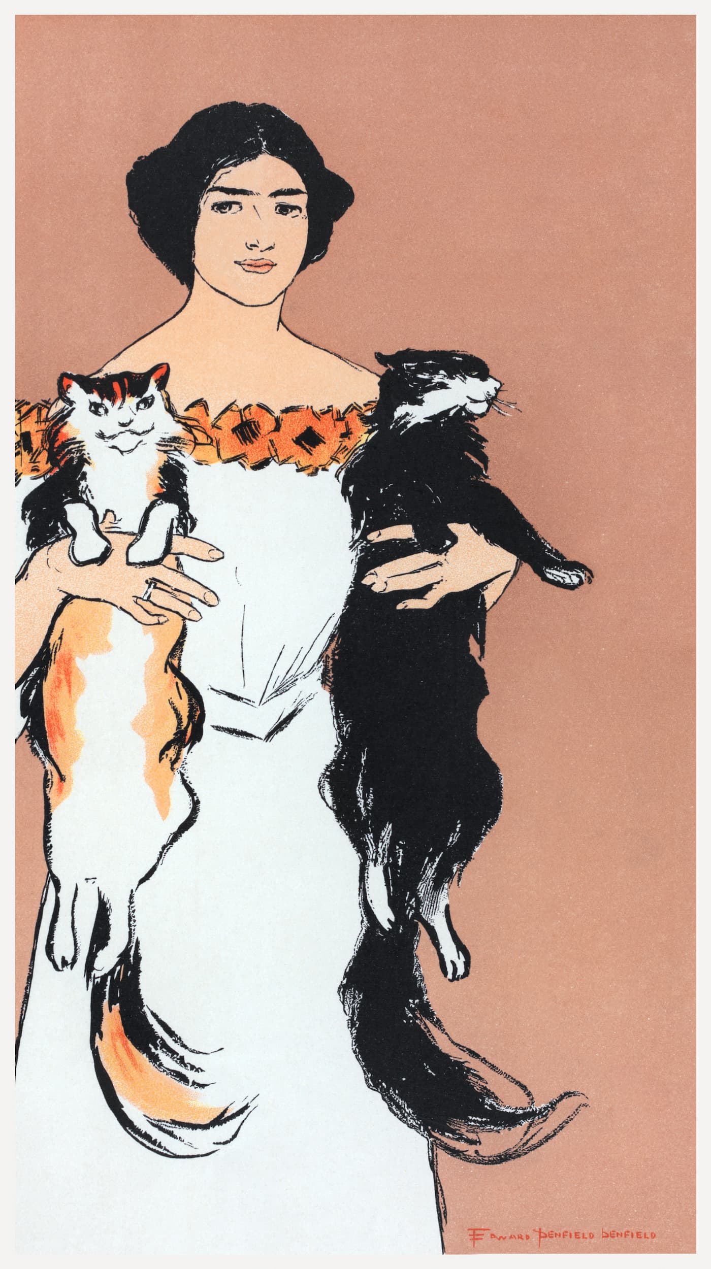 Woman holding two cats against a pink background
