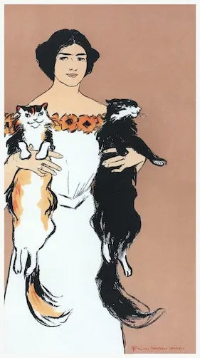 Artistic illustration of a woman holding two cats against a brown background