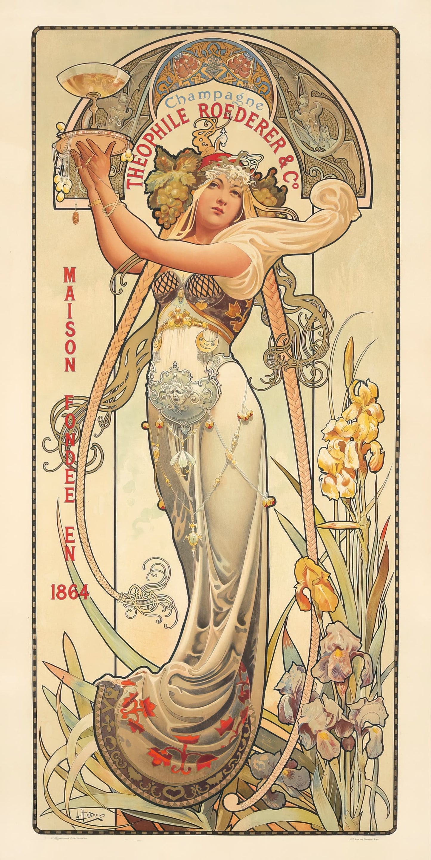 Art Nouveau-style poster featuring a woman holding a glass, with intricate designs and text.