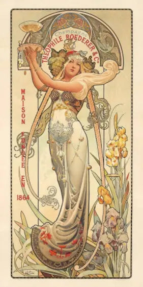Art Nouveau-style poster featuring a woman in a flowing dress with decorative elements and text.