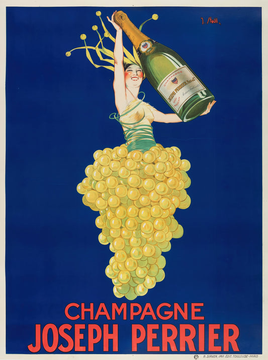 Vintage advertisement for Champagne Joseph Perrier featuring a woman made of grapes holding a bottle.