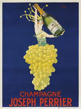 Vintage advertisement for Champagne Joseph Perrier featuring a woman emerging from grapes holding a bottle.