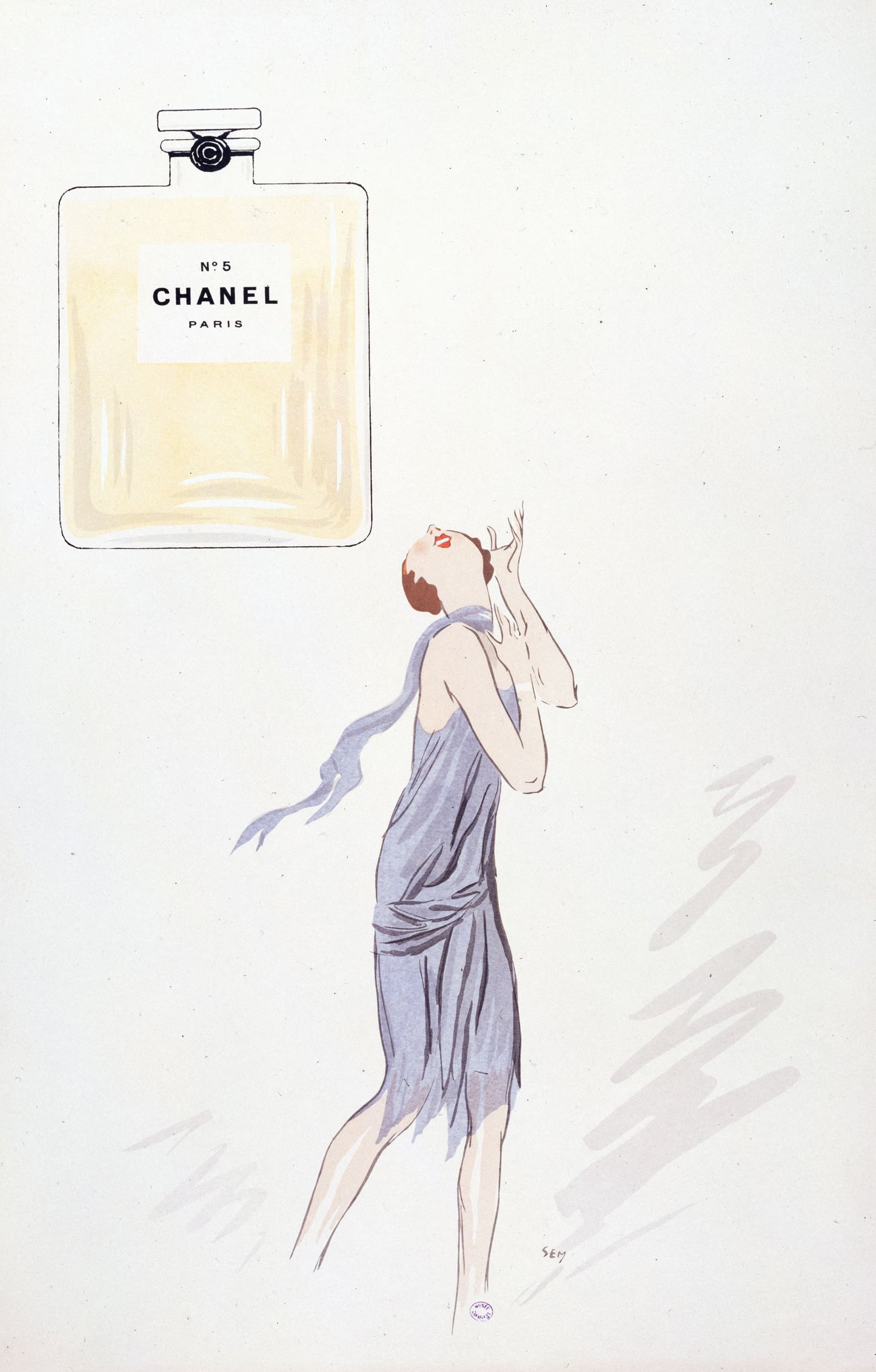 Chanel No. 5 perfume bottle with a woman in a lavender dress on a white background