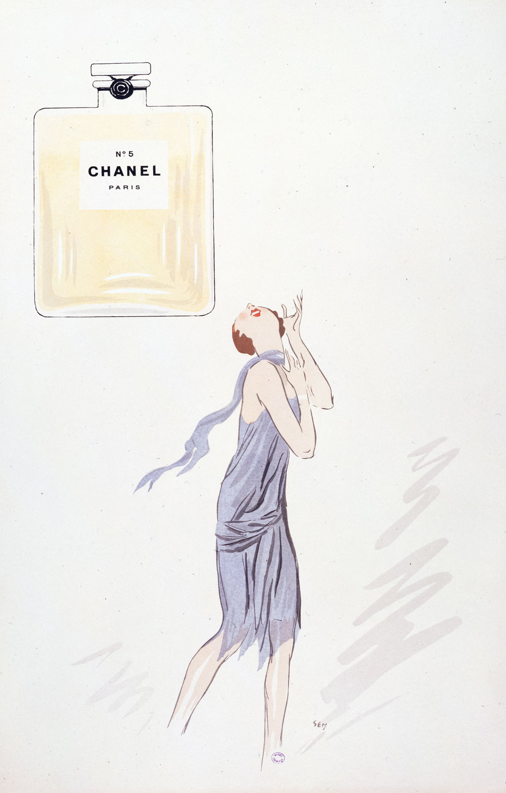 Chanel No. 5 perfume bottle with a woman in a lavender dress on a white background