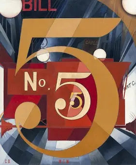 Artistic depiction of the number '5' with a stylized design and text elements.