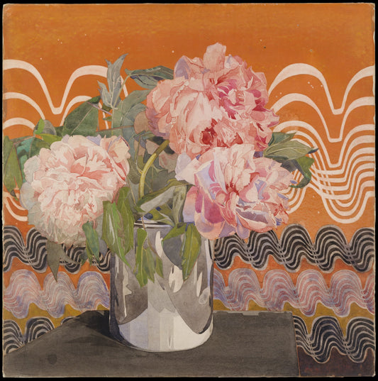 Vase with pink flowers against a patterned orange and black background
