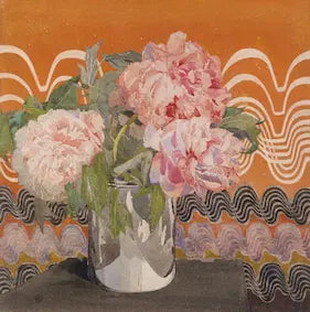 Vase with pink flowers on a tablecloth with decorative patterns
