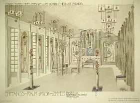 Architectural drawing of a room with columns and decorative elements