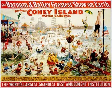 Vintage poster for Barnum & Bailey's Coney Island Water Carnival with people enjoying a water carnival.