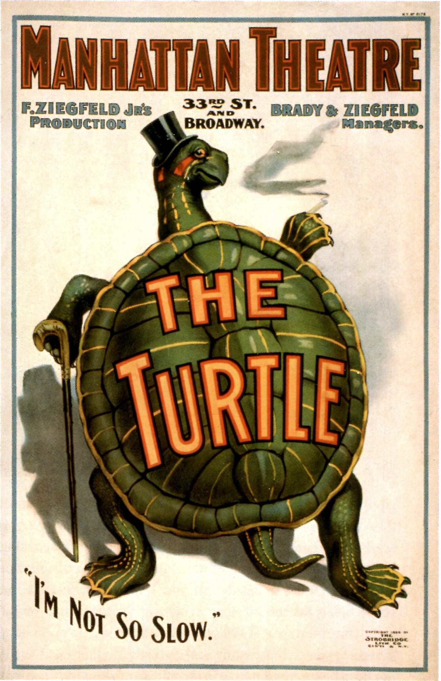 Vintage poster for 'The Turtle' at Manhattan Theatre with a turtle illustration and text.