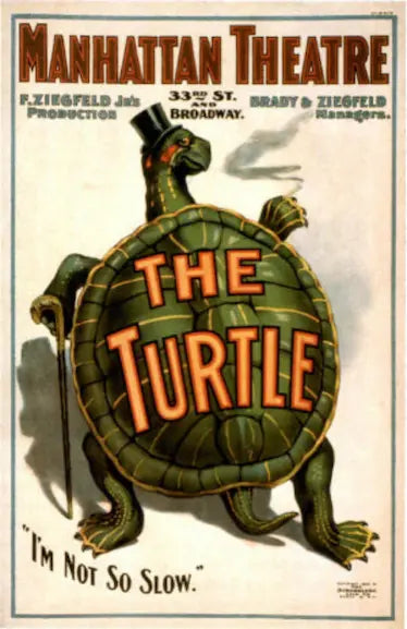 Vintage poster for 'The Turtle' at Manhattan Theatre with a turtle illustration and text.