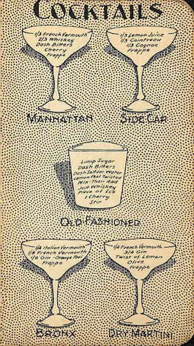 Vintage cocktail recipe card with Manhattan, Sidecar, Old Fashioned, Bronx, and Dry Martini recipes.