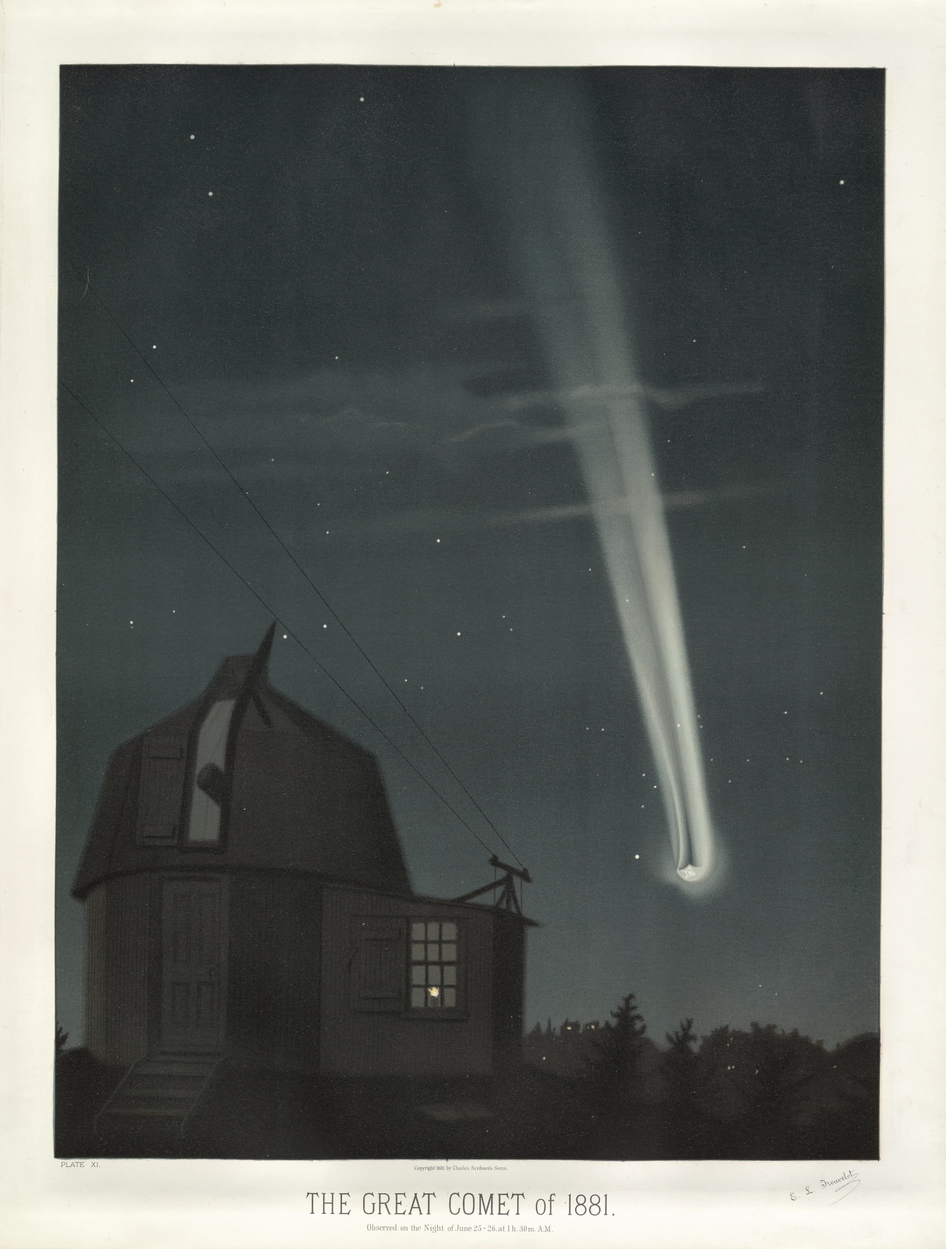 Vintage-style image of a comet over an observatory with text 'The Great Comet of 1881'.