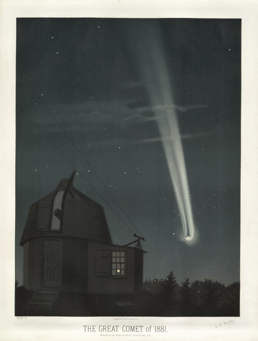 Vintage-style image of a comet over an observatory with text 'The Great Comet of 1881'.