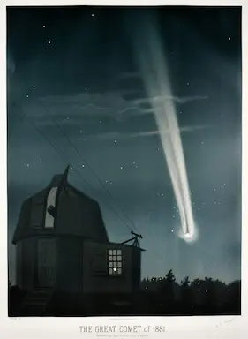 Illustration of a comet passing over an observatory with a person looking up at it.