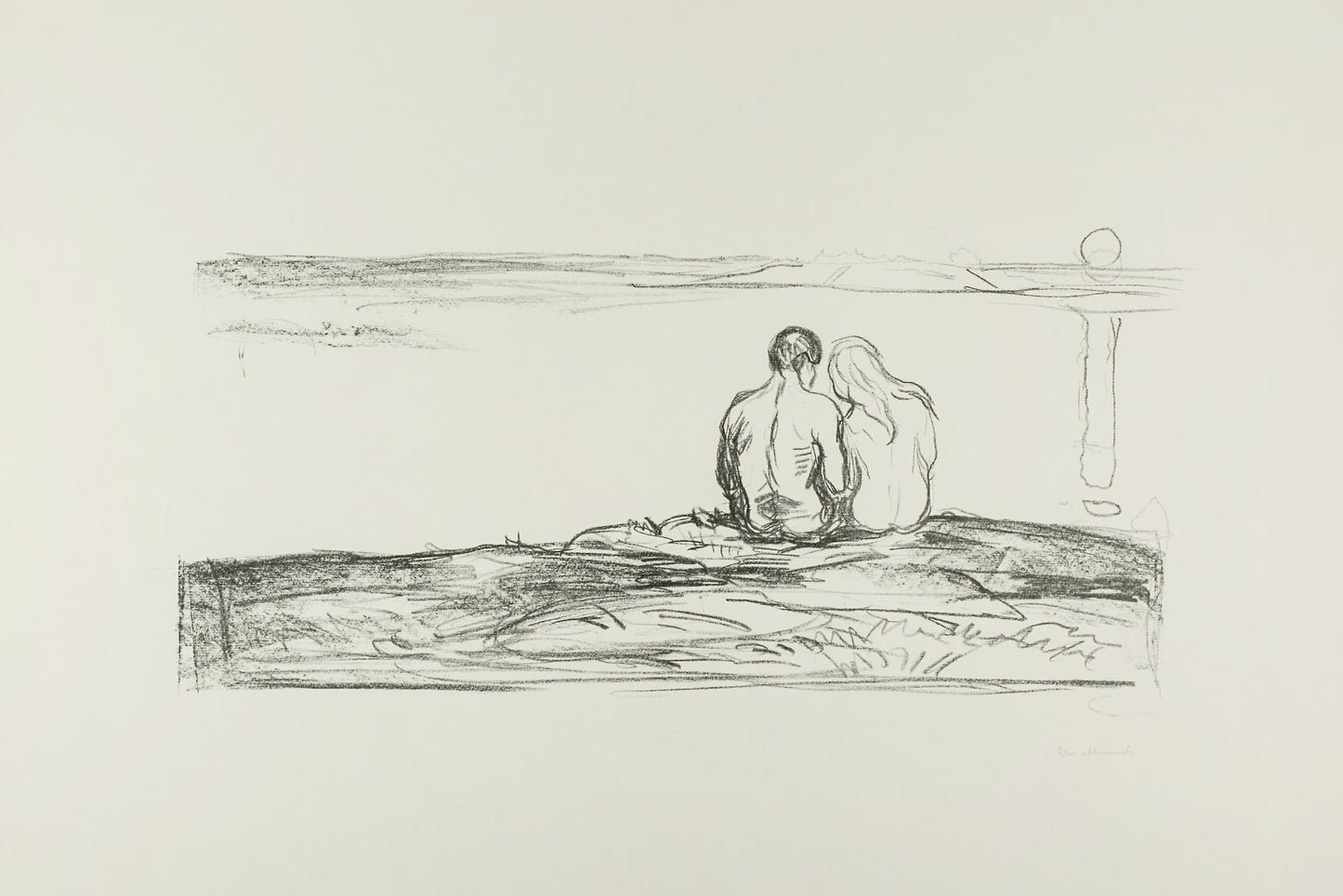Sketch of a couple sitting on a rock with a landscape in the background