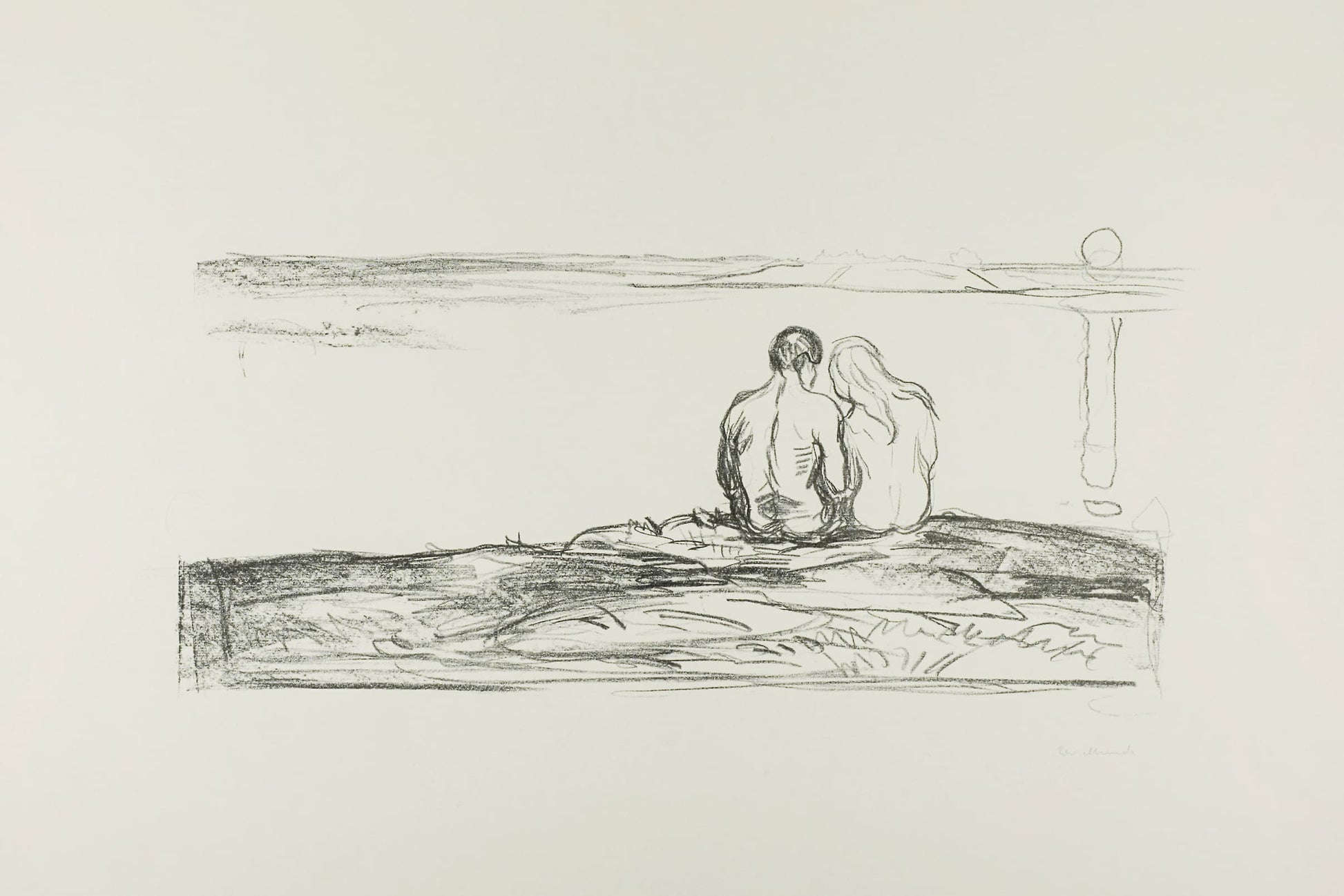 Sketch of a couple sitting on a rock with a landscape in the background