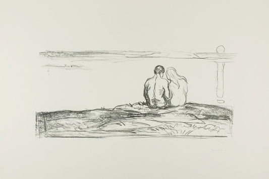 Sketch of a couple sitting on a rock with a landscape in the background