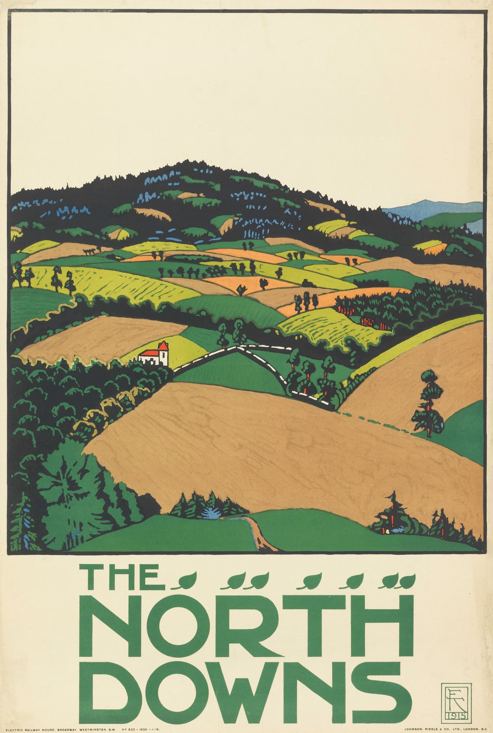 Vintage-style poster of The North Downs with green hills and fields.
