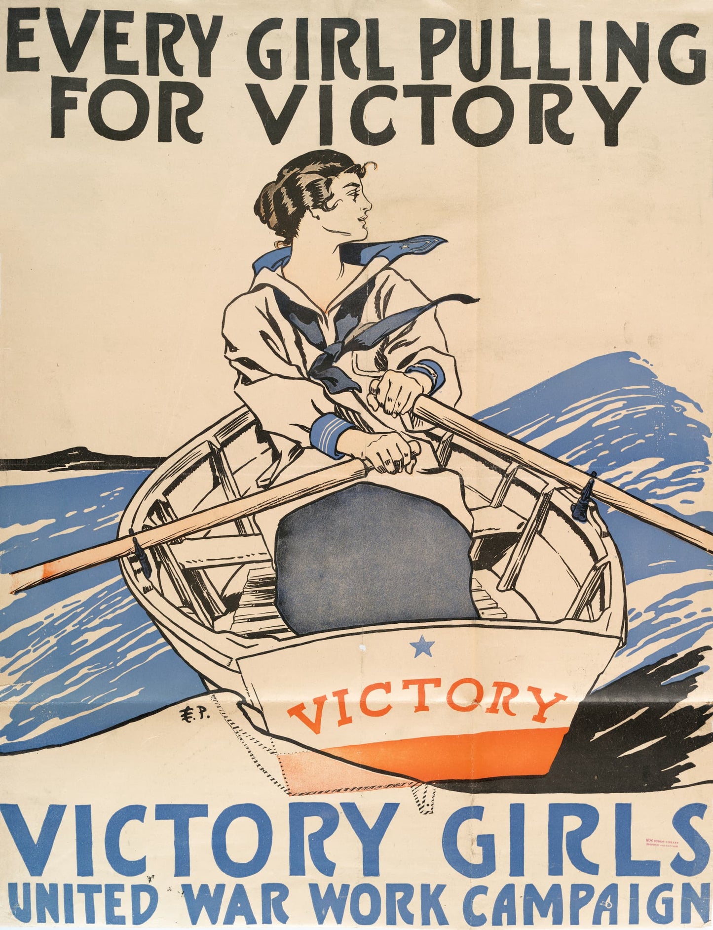 Vintage poster of a woman rowing a boat with 'Every Girl Pulling for Victory' text.