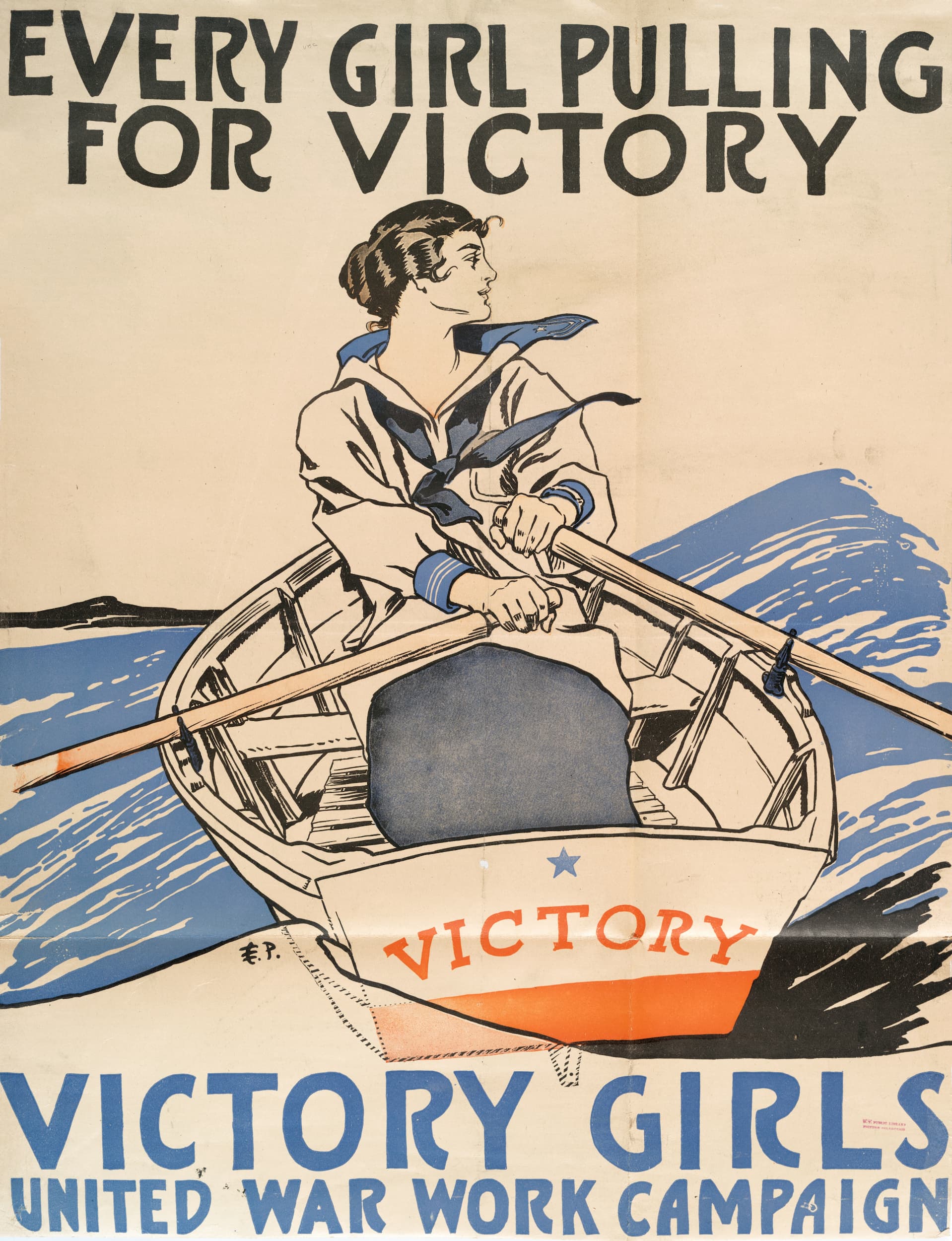 Vintage poster of a woman rowing a boat with 'Every Girl Pulling for Victory' text.