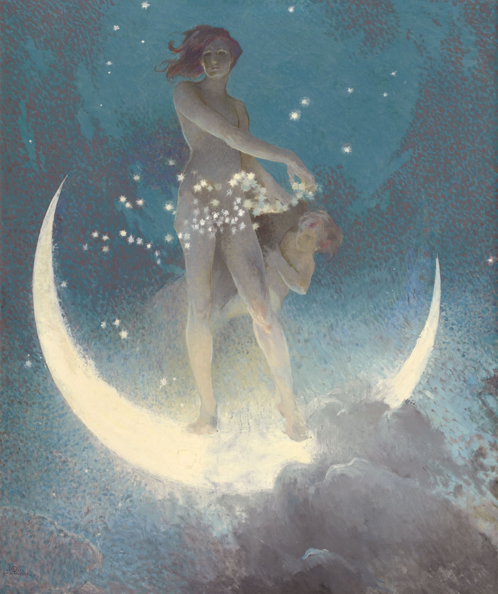 Two figures standing on a crescent moon with stars, set against a night sky.