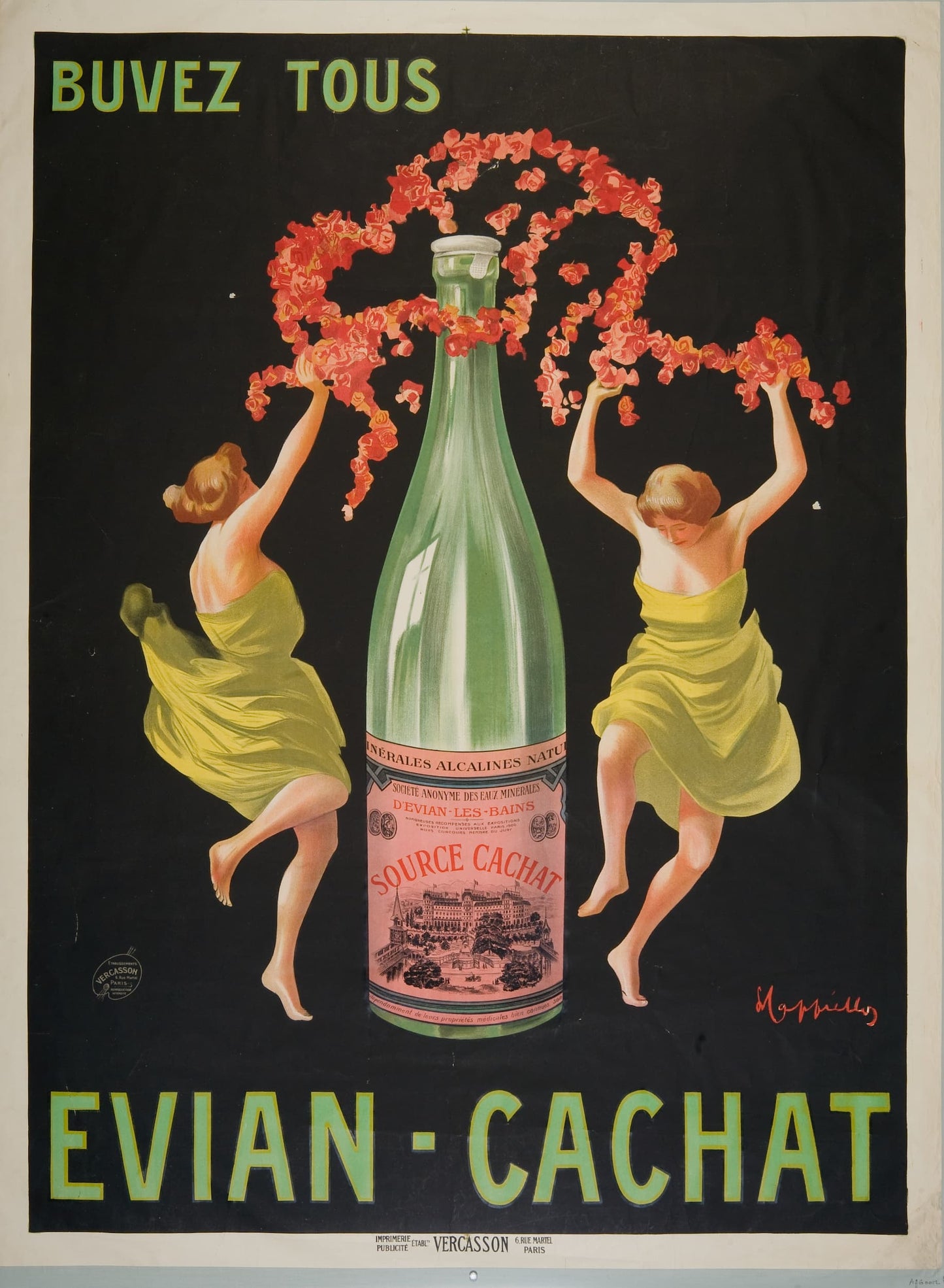Vintage advertisement for Evian-Cachet with two women holding flowers and a large bottle.