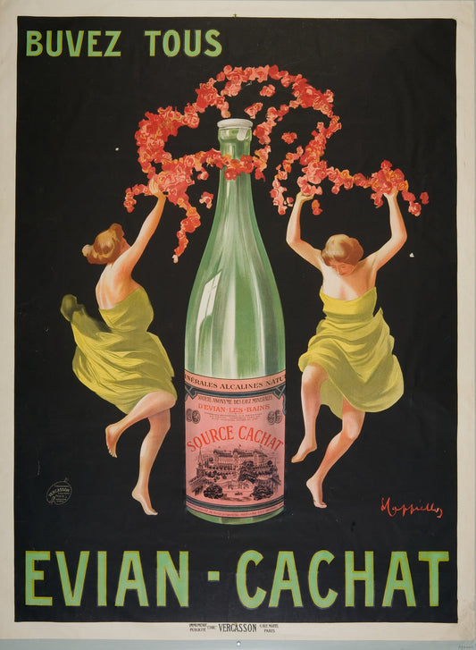 Vintage advertisement for Evian-Cachet with two women holding flowers and a large bottle.