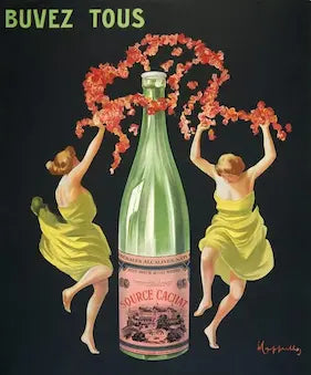 Vintage-style advertisement featuring a bottle of water with two women holding flowers against a dark background.