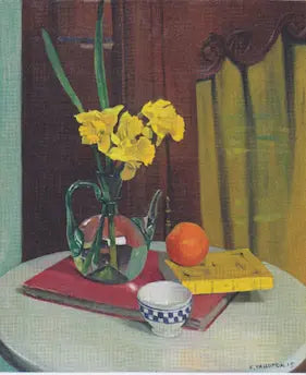 Still life with a vase of yellow flowers, an orange, and books on a table.