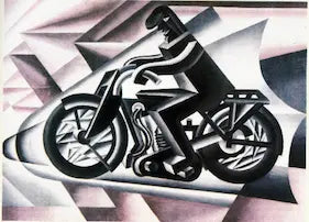 Surrealistic illustration of a person on a motorcycle with geometric shapes