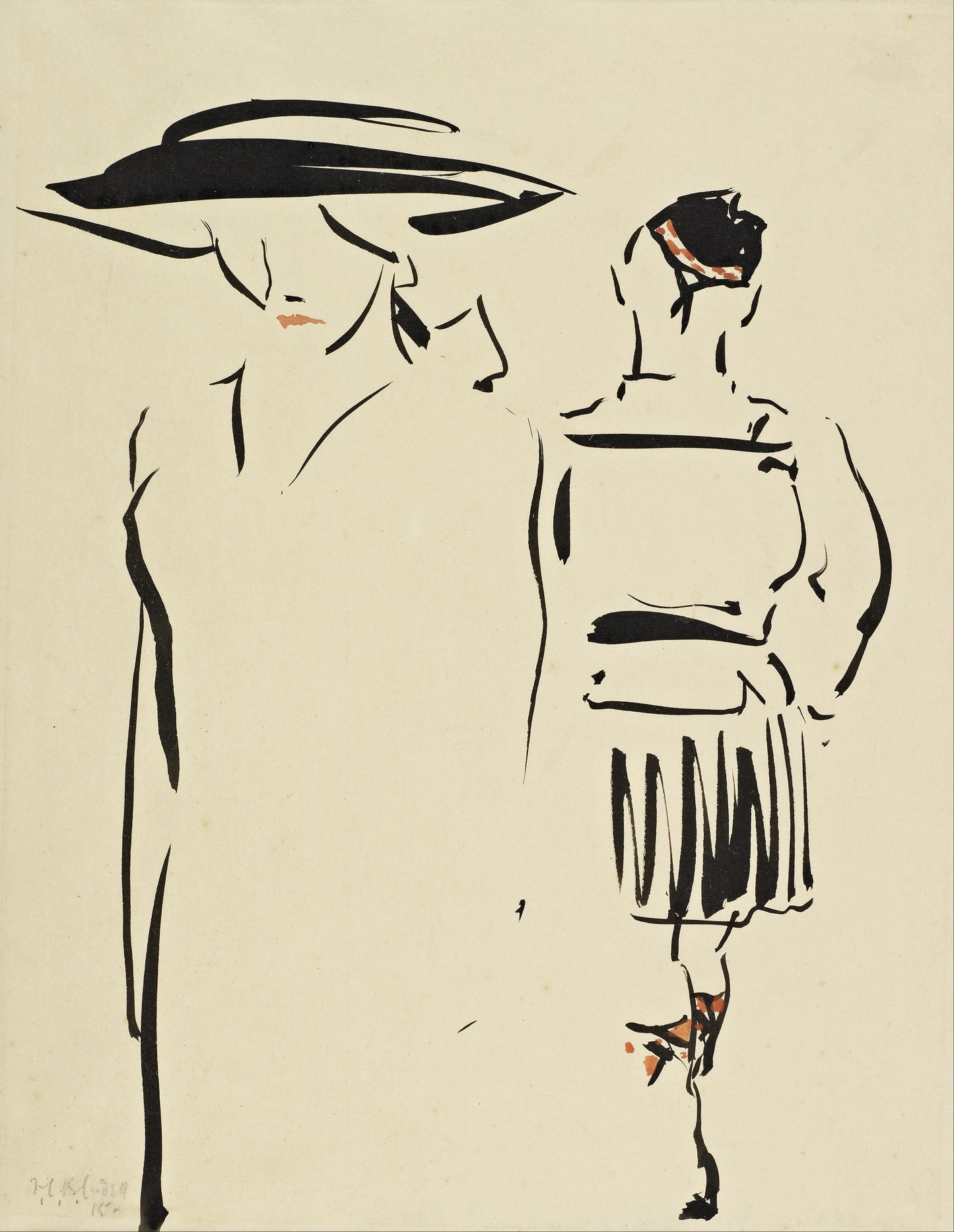Artistic line drawing of two figures on a beige background