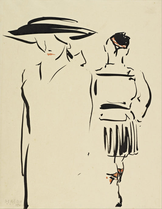 Artistic line drawing of two figures on a beige background