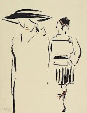 Simplified line drawing of two figures, one wearing a wide-brimmed hat, on a beige background.