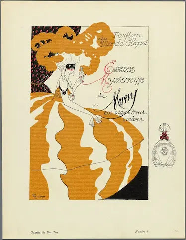 Vintage-style perfume advertisement with a woman in an elegant dress and large perfume bottle.
